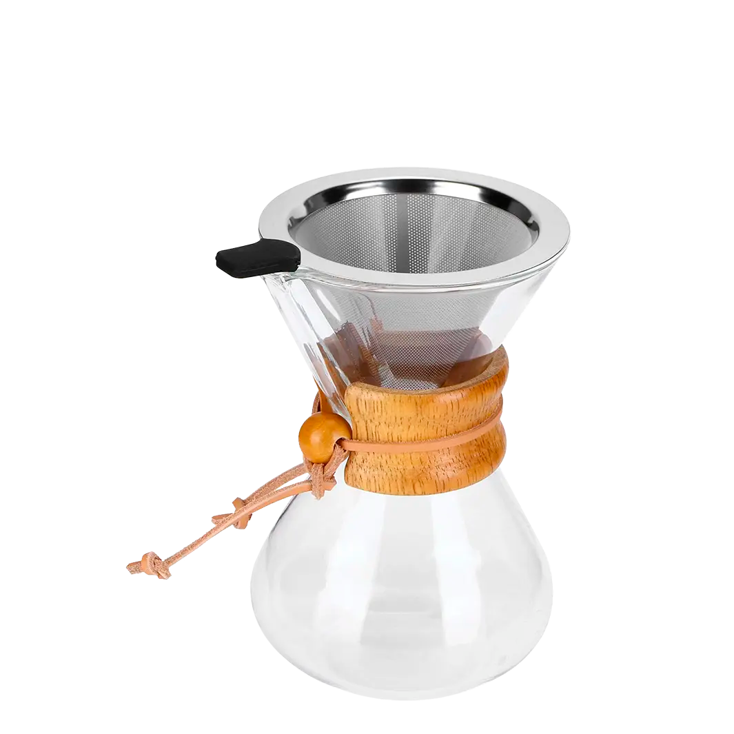 Cafetera Pour Over 400ml Tipo Chemex — Vidrio con Filtro de Acero Reutilizable